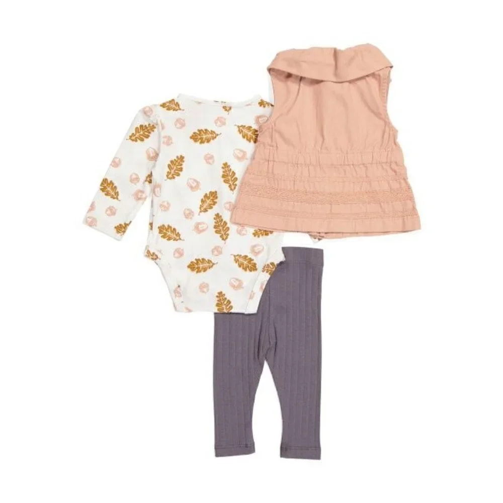 ASPEN & PINE Newborn Girls 3pc Twill Vest & Leggings Set Pink/Ivory | 3-6M